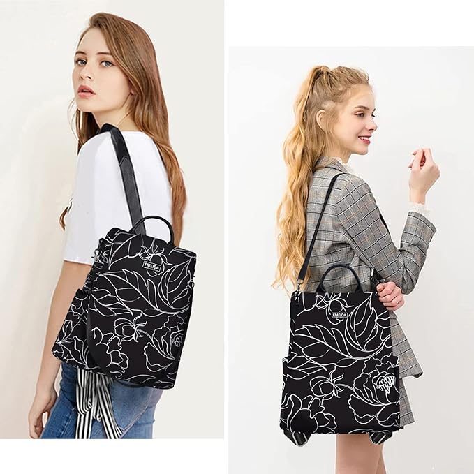 Fmeida Women's Anti-Theft Backpack Purse | Lightweight Travel Daypack for College, Work & Outdoor | Nylon Back pack with Minimalist Floral Design