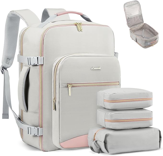 LOVEVOOK Travel Backpack for Women & Men 50L,Airline Approved Carry On Backpack Travel Essentials,TSA Carry on Luggage,Waterproof Personal Item Travel Bag,Suitcase with 3 Packing Cubes,Light gray-Pink
