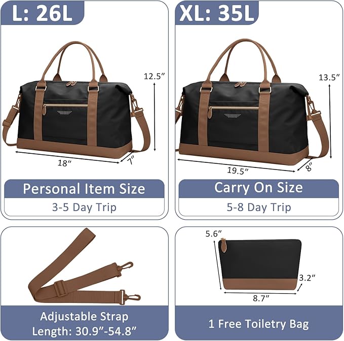 ELONGRIVER Travel Duffle Bag for Women, Weekender Bags, Hospital Bag for Labor Delivery, Lightweight Tote Duffel Overnight Bag with Luggage Sleeve, Airplane Travel Bags with Toiletry Bag, Large, Black