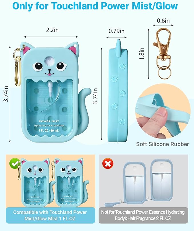 Cute Ear Silicone Case Compatible with Touchland Hand Sanitizer Spray (Fit for 1 FL.OZ), Protective Case with Keychain, Hand Sanitizer Holder (Blue)