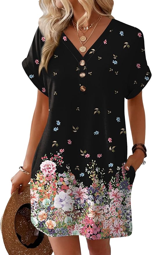 WIHOLL Summer Dresses for Women with Sleeves Midi Dress Button Down Beach Vacation Casual Dresses Fashion Clothing