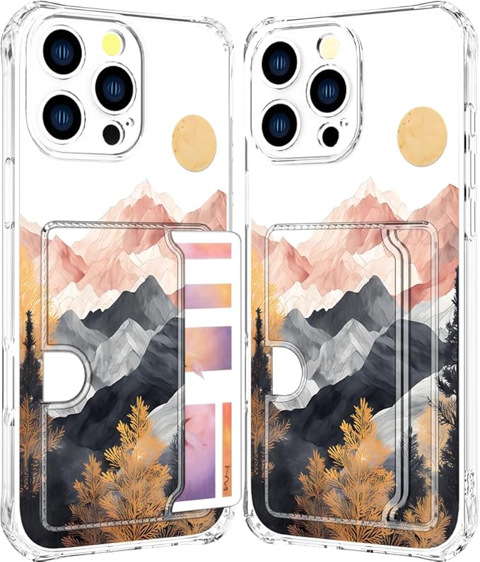 Compatible with iPhone 16 Pro Case Card Holder for Women Cute Design,Wallet Phone Cases Transparent Cool Kawaii Protective (Clear Mountain Hill Landscape)