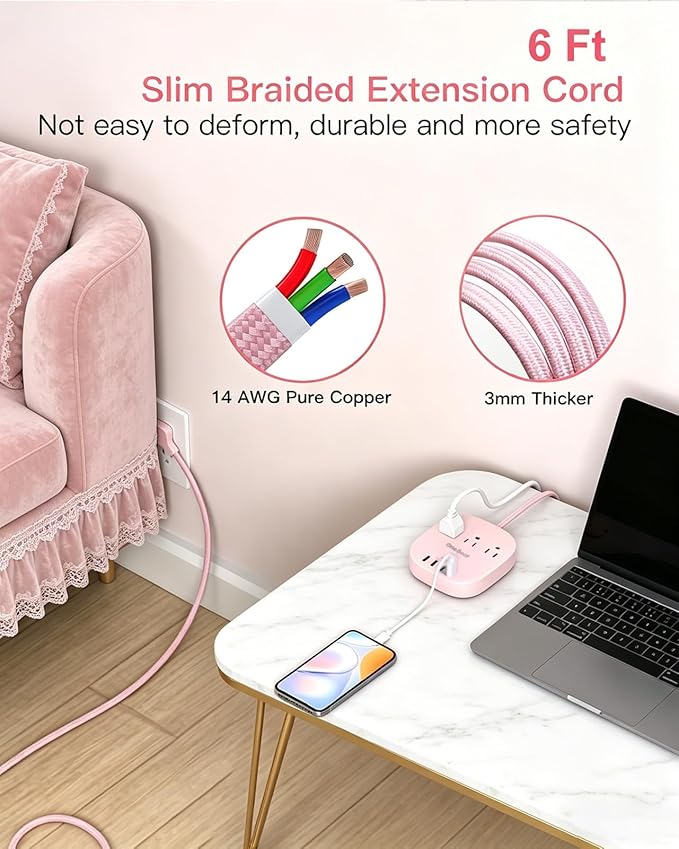 Cruise Ship Travel Essentials, 22.5W/4.5A Flat Plug Power Strip, 6Ft Extension Cord, 3 Outlets 4 USB Ports (2 USB C) Cruise Approved Power Strip No Surge Protection, Desktop Charging Station, Pink