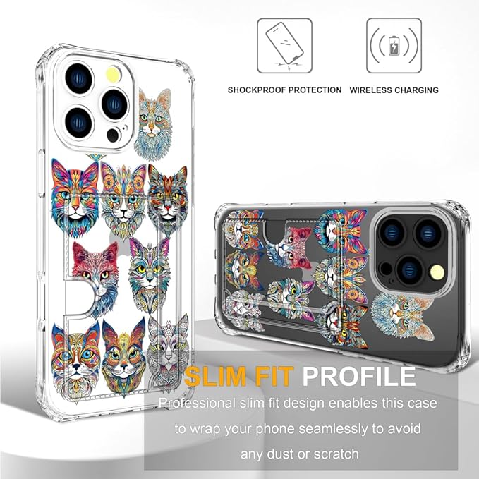 Compatible with iPhone 16 Pro Case Card Holder for Women Cute Design,Wallet Phone Cases Transparent Cool Kawaii Protective (Clear Tattoo Cats Animal)