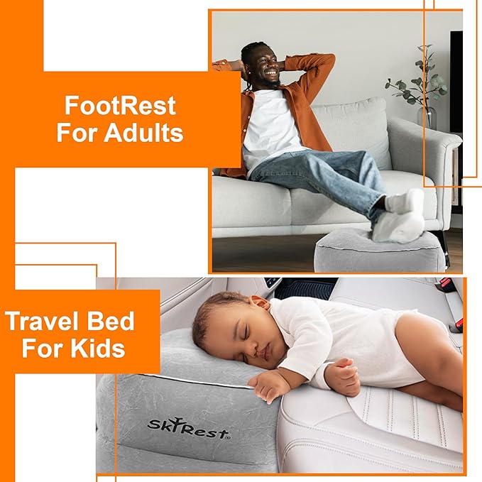 Inflatable Travel Foot Rest Pillow - Adjustable Leg Rest for Airplane, Car, Train, Home & Office, Comfortable Seat Extender for Kids - Grey