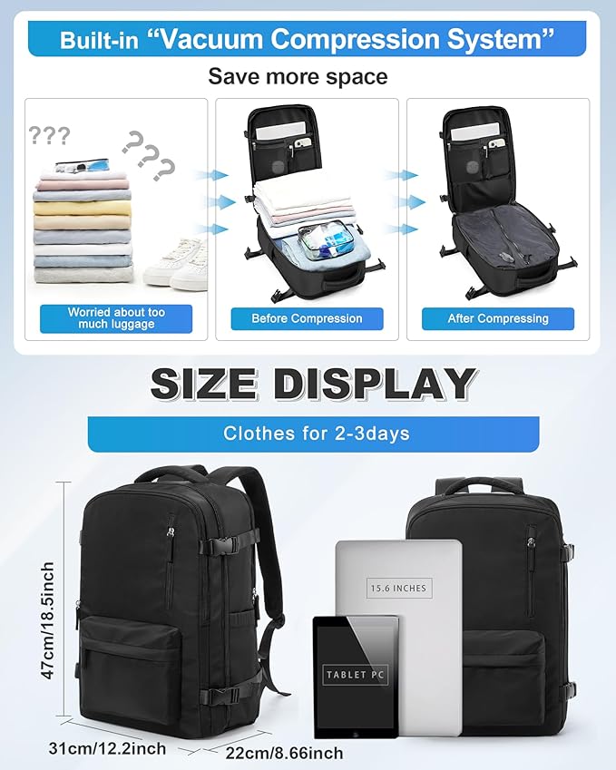 VGCUB Vacuum Backpack Travel with Pump Vacpack System Storage Carry on Work Laptop Business Waterproof College Compression Personal Item Daypack Backpacks for Women Men Black