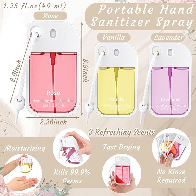 Set of 3 Power Mist Hydrating Hand Sanitizer Spray Bulk with Keychain Travel Size Refreshing Hand Sanitizer 1.35 Fl. oz Compact Card Spray Bottle Rose Lavender Vanilla Scent for Friends Gifts