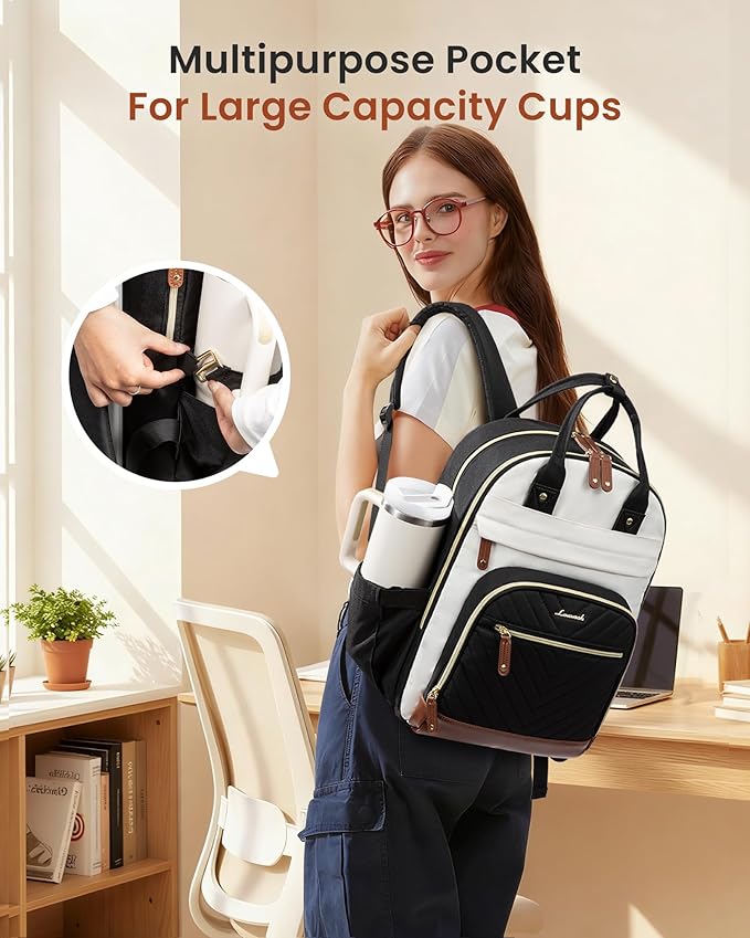 LOVEVOOK Laptop Backpack for Women with Giant Tumbler Holder Pocket,15.6 inch School College Book Bag Nurse Teacher Backpack,Waterproof Work Travel Backpack Purse Laptop Computer Bag,Beige-Black-Brown
