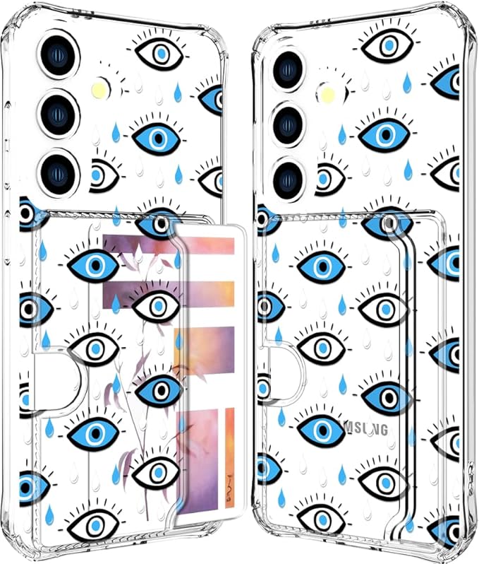 Compatible with Samsung Galaxy S24 / S25 Case Card Holder for Women Cute Design,Wallet Phone Cases Transparent Cool Kawaii Protective (Clear Blue Evil Eyes)