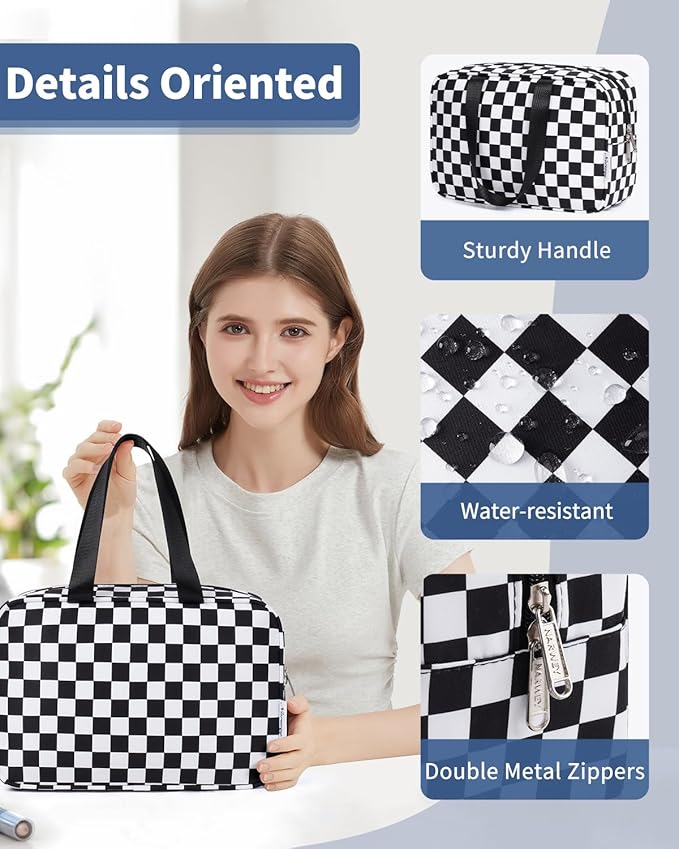 Narwey Large Toiletry Bag Women Cosmetic Bag Travel Makeup Bag Organizer Medicine Bag for Toiletries Essentials Accessories (Black Checkerboard, Large)
