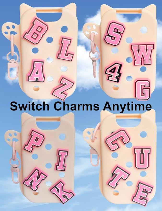 Hand Sanitizer Case with 36 Charms for Touchland, Compatible with Power Mist 1 FL Oz/30ML, Croc-Style Touchland case (Light Pink Alphabet Charms)