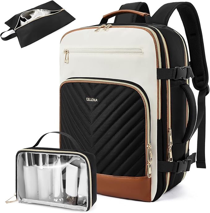 Telena Travel Backpack for Women, 15.6 inch Laptop Backpack TSA Carry on Backpack Personal Item Size Flight Approved Travel Bag Daypack with Multi-Pockets for Work, Travel, Business, Black-Beige-Brown
