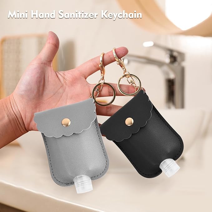 2Pcs Reusable Hand Sanitizer Holder, Portable Leather Leakproof Hand Sanitizer Keychain for Travel Outdoor (Grey+Black)