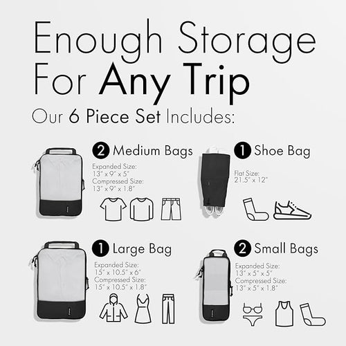 (Not Made In China) Compression Packing Cubes For Travel, Suitcase and Luggage Space Saver Organizer Bags, Lightweight, Waterproof, Durable, 6pc Set, Black