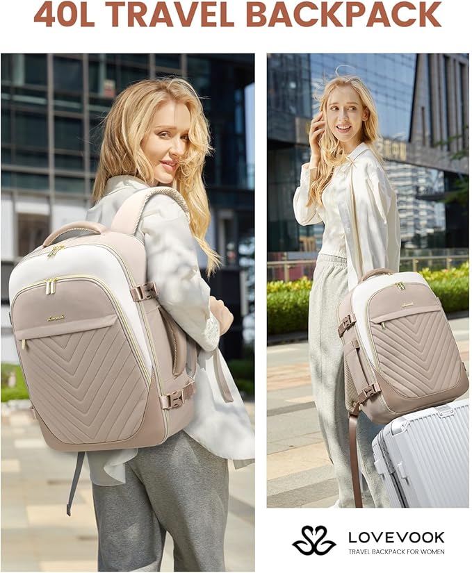 LOVEVOOK Travel Backpack for Women, TSA Approved Carry On Backpack with 2 Packing Cubes, Personal Item Backpack Fits 17 Inch Laptop, Weekender Water-resistant Daypack, Khaki-beige