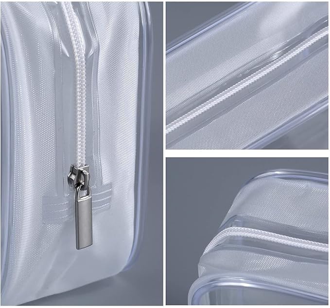 3 Pack Clear Plastic Zippered Toiletry Carry Pouch TSA Approved Toiletry Bag Portable Cosmetic Makeup Bag for Vacation, Bathroom and Organizing (White 3Pcs, Small/Large)