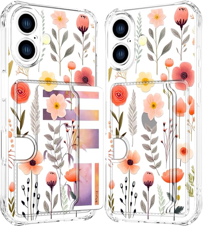 Compatible with iPhone 16 Plus Case Card Holder for Women Cute Design,Wallet Phone Cases Transparent Cool Kawaii Protective (Clear Flowers Leaves)