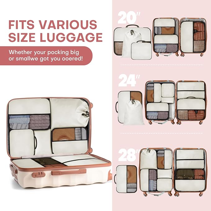 SDGFUI 8 PCS Compression Packing Cubes for Travel Women, Compression Bags Organizer for Luggage Space Saving Travel Essentials and Carry on, Luggage Organizer Bags for Suitcase - Beige