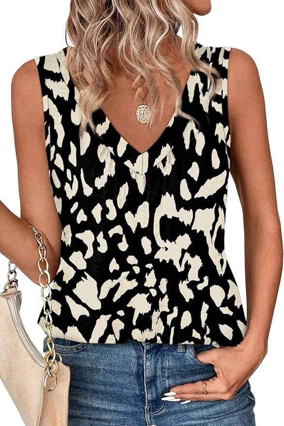 OFEEFAN Tank Top for Women Loose Fit Sleeveless Shirts V Neck Summer Clothes Ruched Women's Tees and Tanks Curved Hem