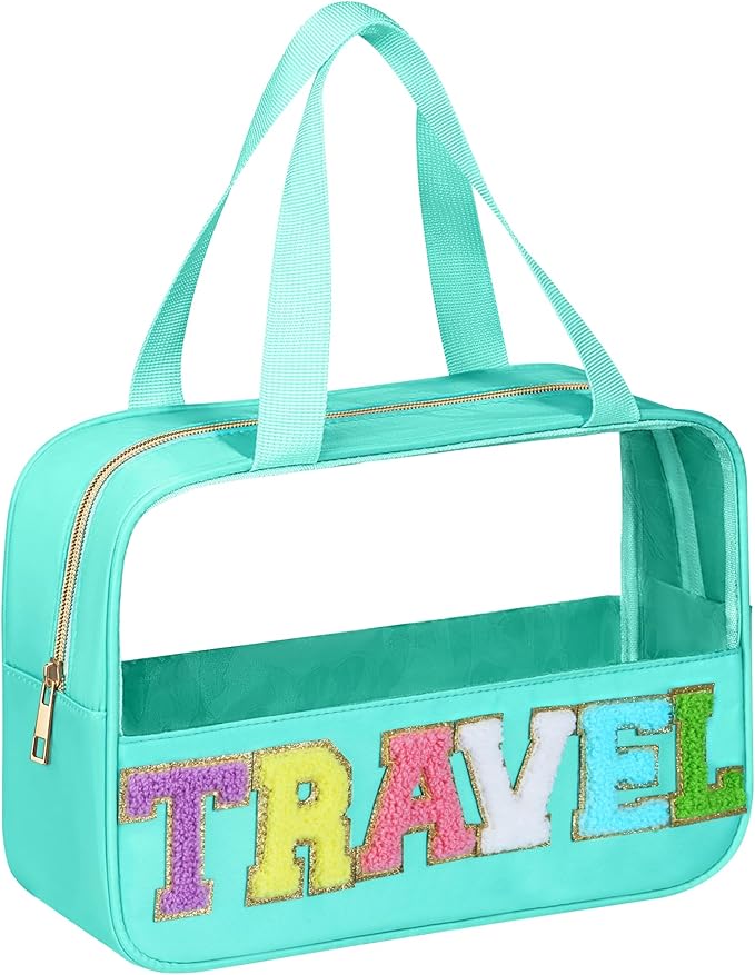 BuyCard Chenille Letter Patch Clear Travel Bags, Preppy PVC&Nylon Makeup Bag with Handle and Zipper, Waterproof Large Clear Travel Toiletry Bag Storage Bag for Women Girls