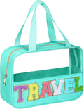BuyCard Chenille Letter Patch Clear Travel Bags, Preppy PVC&Nylon Makeup Bag with Handle and Zipper, Waterproof Large Clear Travel Toiletry Bag Storage Bag for Women Girls