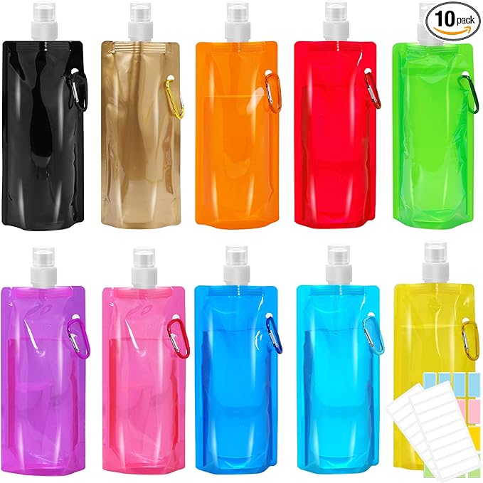 smilixin 10 Pack Collapsible Water Bottles,Reusable Drinking Water Bags with Carabiner Clip,480ml Travel Water Bottle,Leak Proof Water Bottles for Camping,Hiking Travel,Gym,Sports,Biking,BPA Free