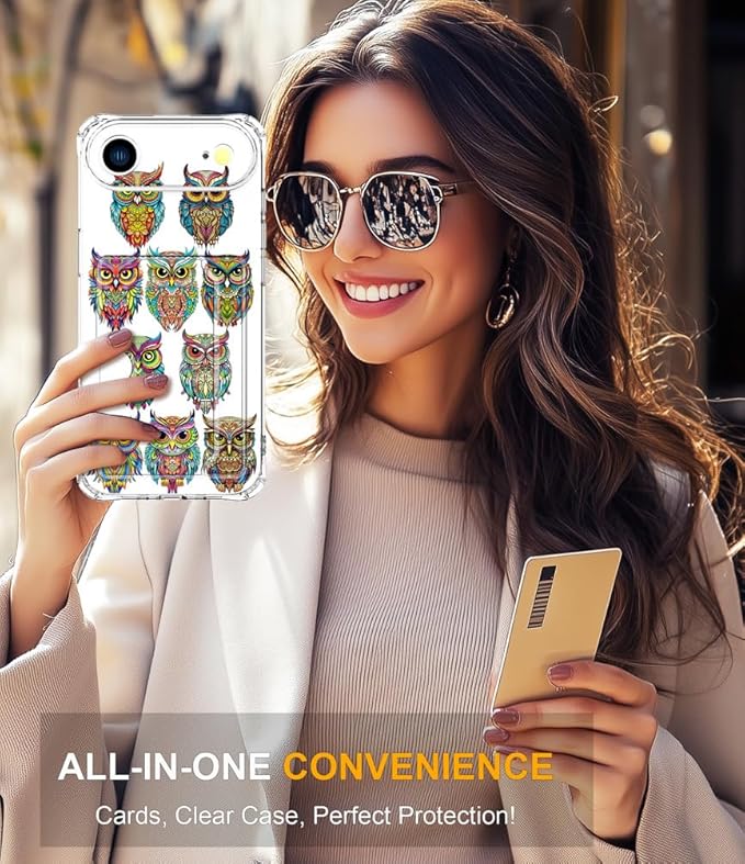 Compatible with iPhone 17 Air Case Card Holder for Women Cute Design,Wallet Phone Cases Transparent Cool Kawaii Protective (Clear Colorful Owls Cartoon)