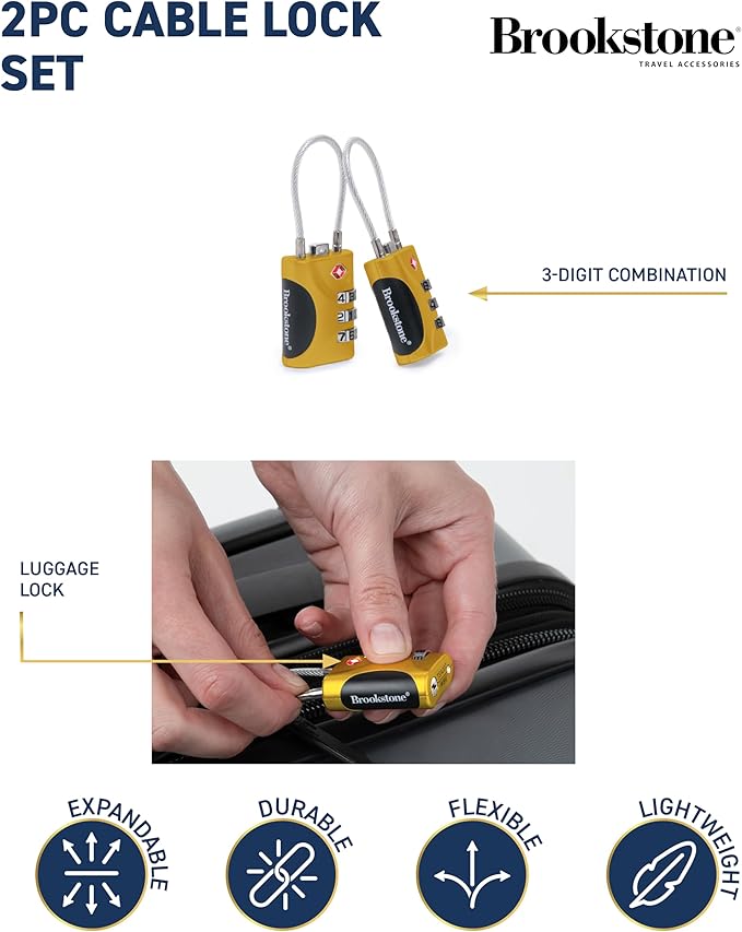 Brookstone Cable Lock - 2 Pack TSA-Approved 3-Digit Keyless Luggage Travel Lock - Resettable Combination Wire Padlock, Lemon Yellow