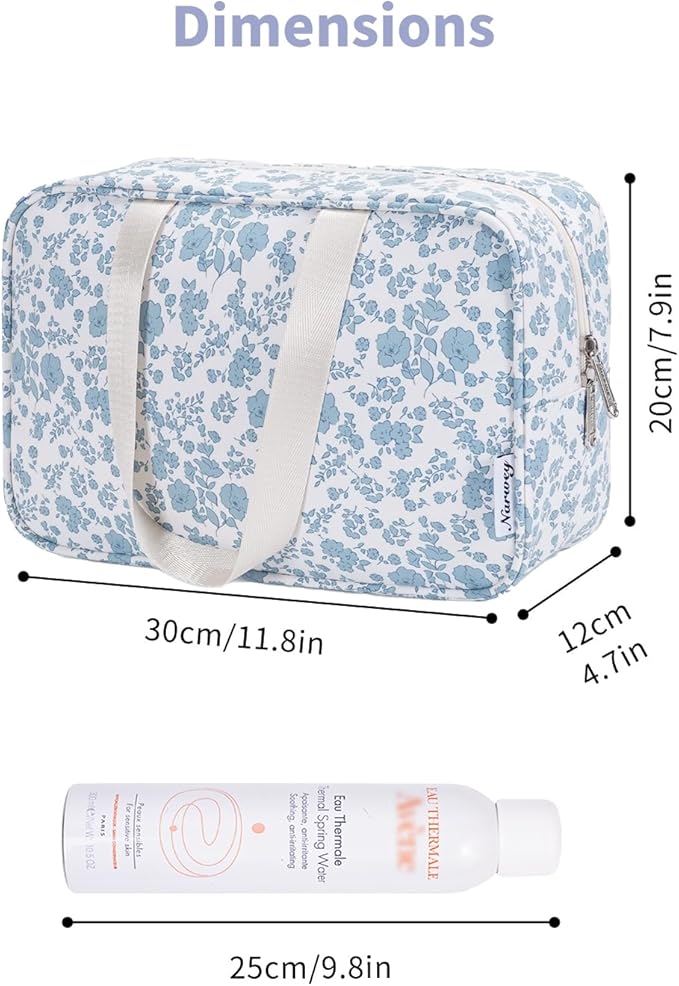 Narwey Full Size Toiletry Bag Women Large Cosmetic Bag Travel Floral Makeup Bag Organizer Medicine Bag for Toiletries Essentials Accessories (Blue Flower,Large)