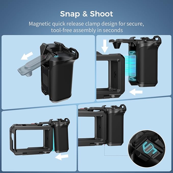 SMALLRIG Street Photography Handle for DJI Osmo Action 5 Pro/ 4/3, Quick Release, Shutter Button, Cold Shoe, Wrist Strap,1/4 Threaded Hole, Camera Grip Holder for DJI OEM Cages - 5826