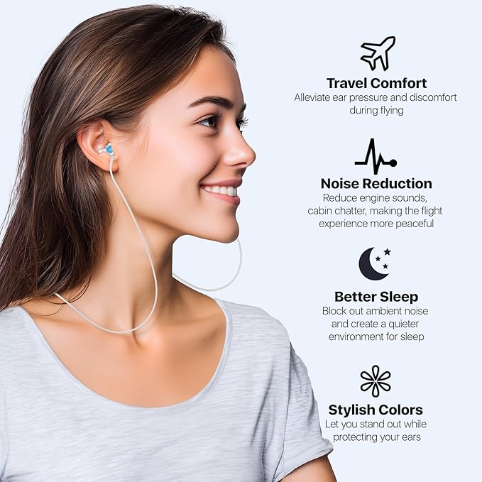 Ear Plugs for Airplane Pressure Relief & Preventing Ear Pain - Flying Travel Essentials - Comfortable Reusable Plane Earplugs for Adult/Kids 12+, Inclu Silicone Cord, 25dB Noise Reduction