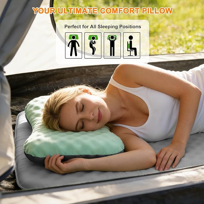 Camping Pillow with Soft Cover, Lightweight Inflatable Pillow for Neck Lumbar Support,Upgrade Backpacking Pillow,Washable Travel Air Pillows for Hiking, Backpacking, Airplane, Beach, Green