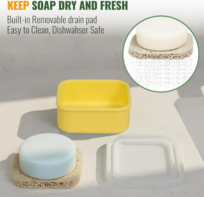 AIMAIAIMAI Shampoo Bar Travel Case Compatible with Kitsch, Leakproof Silicone Small Travel Soap Case with Draining Pad, Portable Soap Container for Gym & Camping, 1 Pack (Butter Yellow)