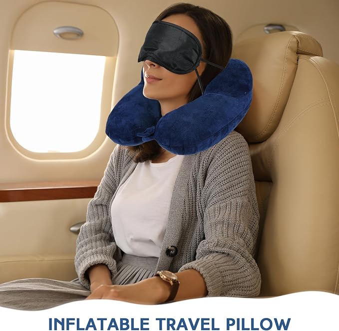 Sintuff 2 Pack Inflatable Travel Pillow for Airplanes Inflatable Neck Flight Pillows with Compact Bag and Blindfold for Traveling, Airplane, Train, Car, Office(Blue and Dark Gray)