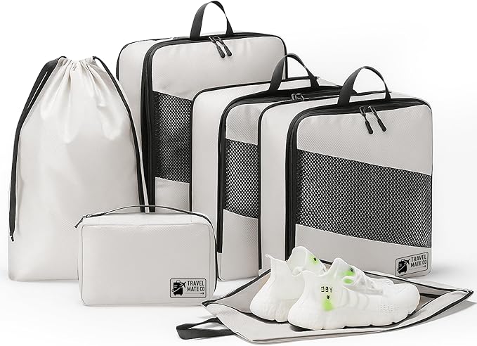 Compression Packing Cubes for Travel, 6-Piece Luggage Organizer Set, 3 Expandable Packing Cubes + Shoe Bag + Laundry Pouch + Toiletry Bag, Lightweight Travel Organizers for Carry On & Suitcase