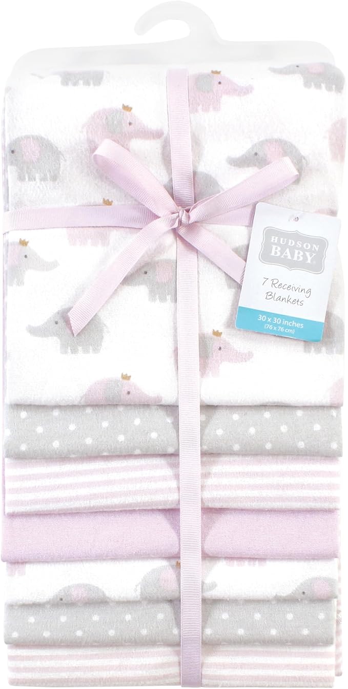 Hudson Baby Unisex Baby Cotton Flannel Receiving Blankets Bundle, Lilac Elephants, One Size