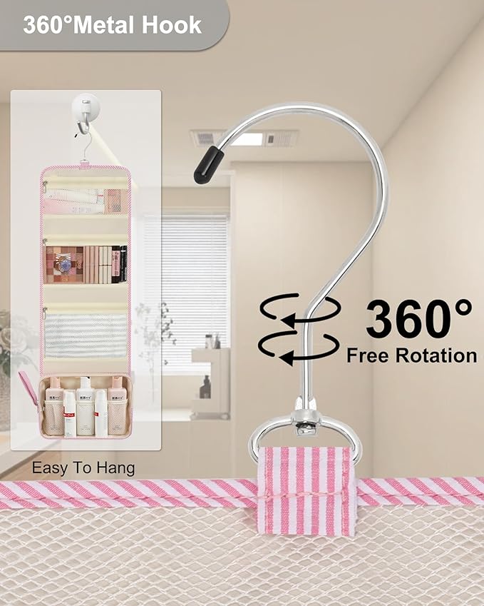 Relavel Hanging Toiletry Bag for Women, Large Makeup Travel Bag with Separate Compartments, Water Resistant Toiletries Bag for Travel Accessories, Portable Bathroom Bag for Trip Camping- Pink Strip