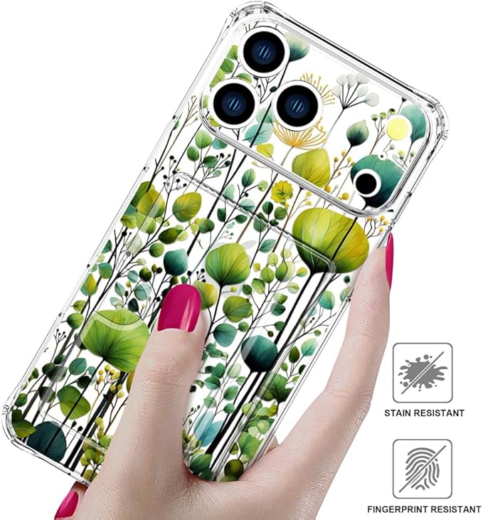 Compatible with iPhone 17 Pro Max Case Card Holder for Women Cute Design,Wallet Phone Cases Transparent Cool Kawaii Protective (Clear Green Flower Leaves Buds)