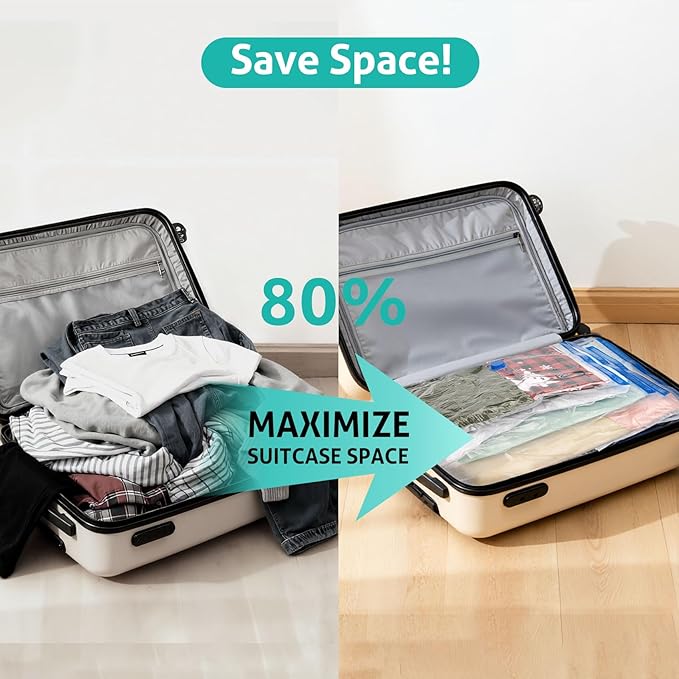 8 Pack Jumbo Travel Vacuum Storage Bags, Portable Vacuum Seal Bags for Clothing Travel with Pump, Space Saver Bag for Luggage Suitcases Clothes Bedding Seasonal Storage