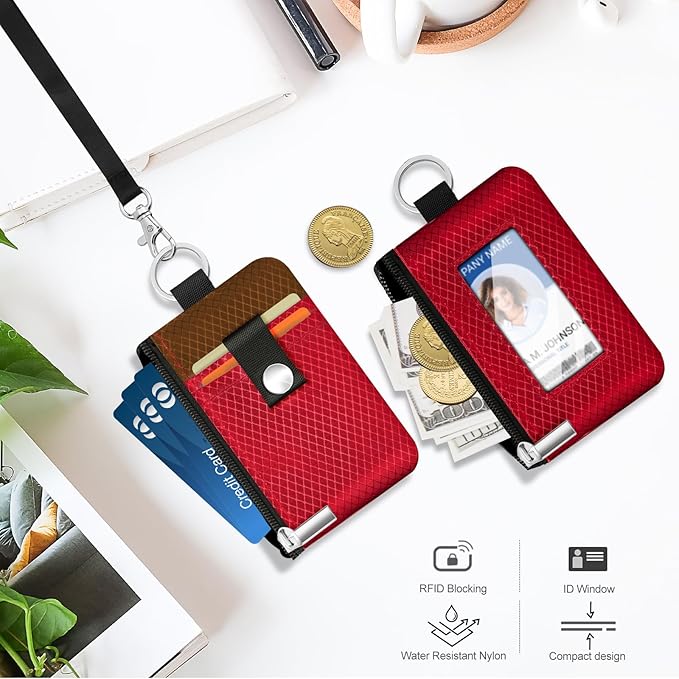 Minimalist RFID Blocking Small Wallet with ID Window,WaterResistant Zip Id Case Wallet with Lanyard Keychain for Cards,Cash,Travel,Women,Men (Red/Brown)