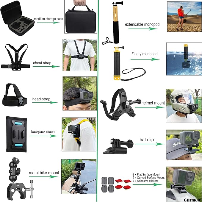 Gurmoir Accessory Kit for DJI Osmo Action 6/5 pro/4/Insta 360 X5 X4 /Go Pro Hero13 12/Gopro Max 2, Bike Mount/Hat Clip/Helmet Strap/Backpack Mount kit for Gopro/Osmo Action/Insta 360(DT18)