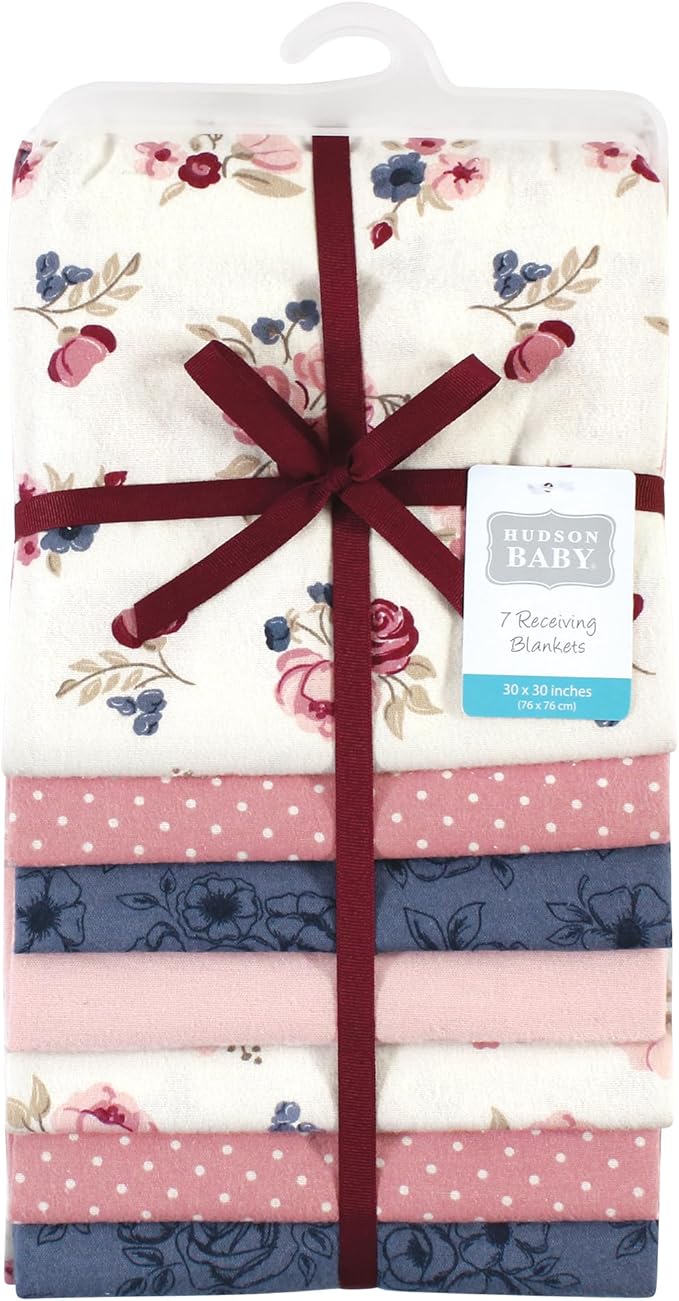Hudson Baby Unisex Baby Cotton Flannel Receiving Blankets Bundle, Dusty Rose Floral, One Size
