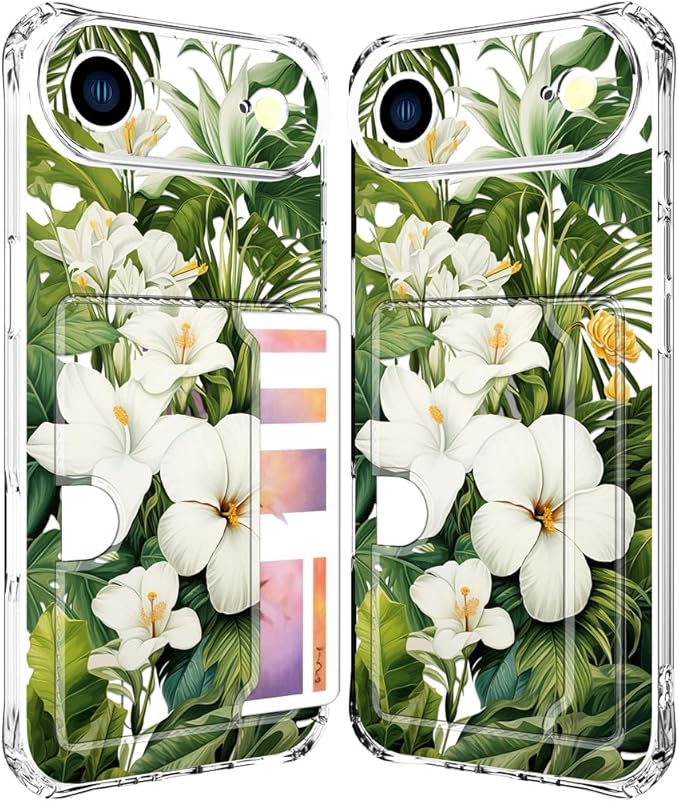 Compatible with iPhone 17 Air Case Card Holder for Women Cute Design,Wallet Phone Cases Transparent Cool Kawaii Protective (Clear Green Flowers Tropical Jungle)