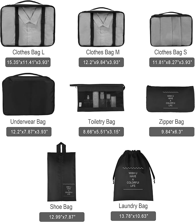 Vercord 8 Set Travel Packing Pods Luggage Organizers Cubes with Laundry Bags Accessories