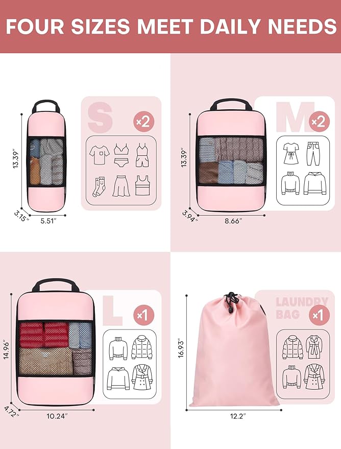 SDGFUI 6 PCS Set Compression Packing Cubes for Travel, Lightweight Packing Organizer Bags Travel Essentials for Carry On, Suitcase, Home Closet - Pink