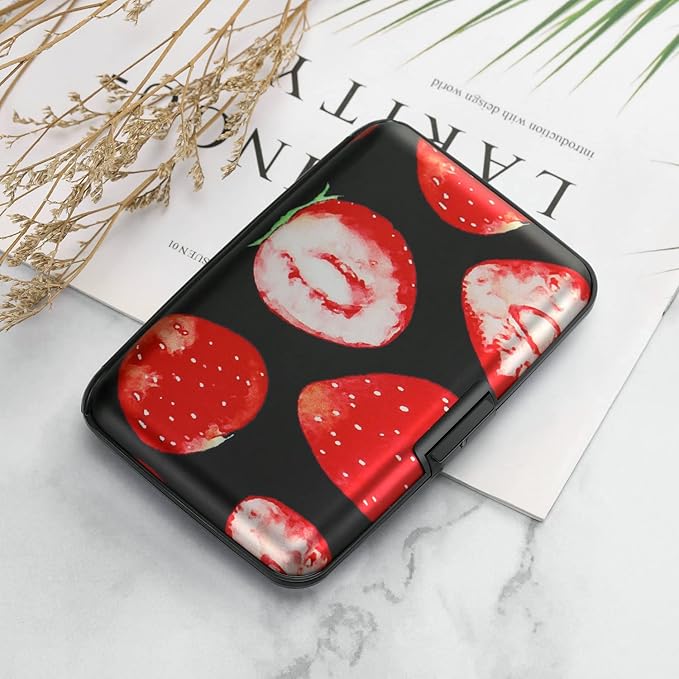 ELFISH Mini RFID Aluminum Wallet Credit Cards Holder Business Card Case Metal ID Case for Men Women（Strawberry