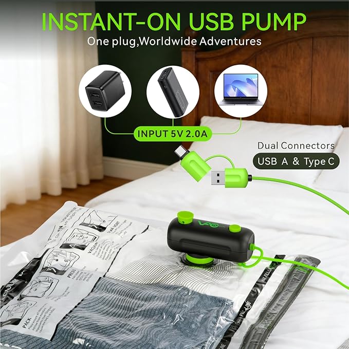 Vacuum Bags for Travel - USB Electric Pump, 6 Pack Carry-on Size Vacuum Seal Bags for Clothing - Space Saver Vacuum Storage Bags for Luggage, Travel Essentials.