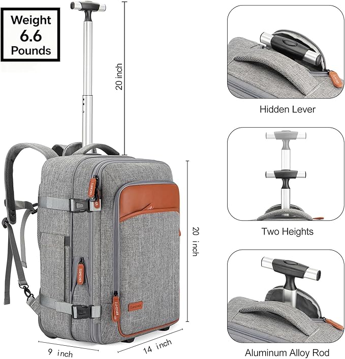 Lumesner Rolling Backpack for Men and Women, Extra Large 42L Travel Backpack with Wheels, 17.3 Inch Carry-On Laptop Bag with 4 packing cubes for Business and Work, Large Capacity Rolling Bag, Grey