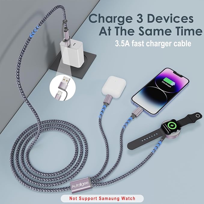 2Pack Travel Essentials for Apple Watch Charger,3 in 2 USB C Cable for Multi Charging Cable Cord,Vacation Camping RV Essentials Portable Designed for iWatch &iPhone 17-11 -4FT Gray