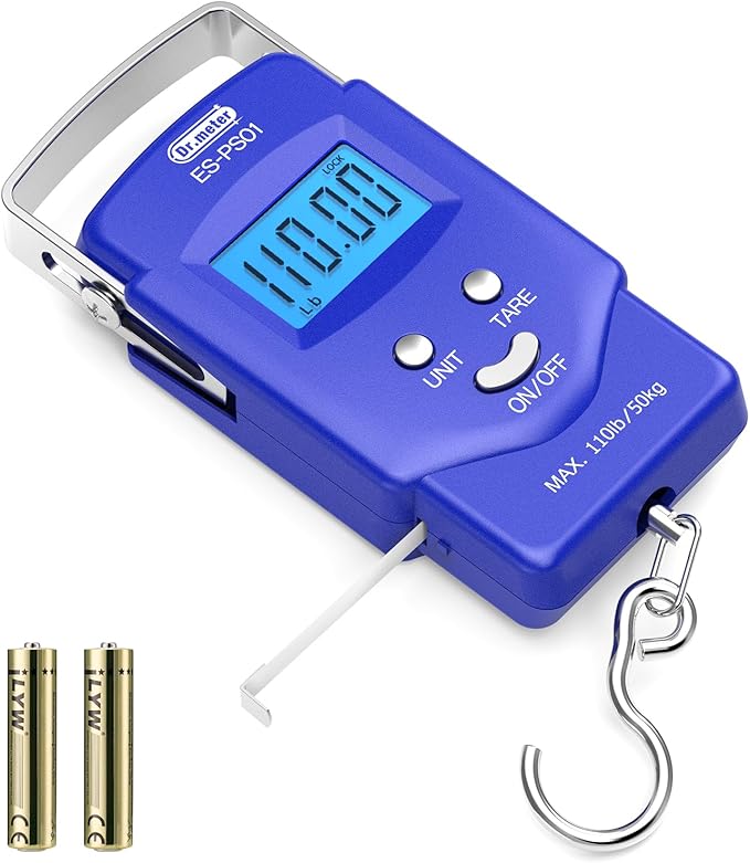 Dr.meter Fish Scale Luggage Scale Fishing Gear - 110lb Backlit LCD Display Digital Scale with Built-in Measuring Tape - Fishing Scale with 2 AAA Batteries, Pocket Size - Fishing Gifts for Men